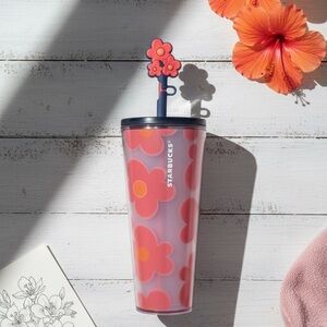 NWT Starbucks Red♥️Orange🧡Floral Heart Tumbler Floral Straw Topper Venti 24 OZ